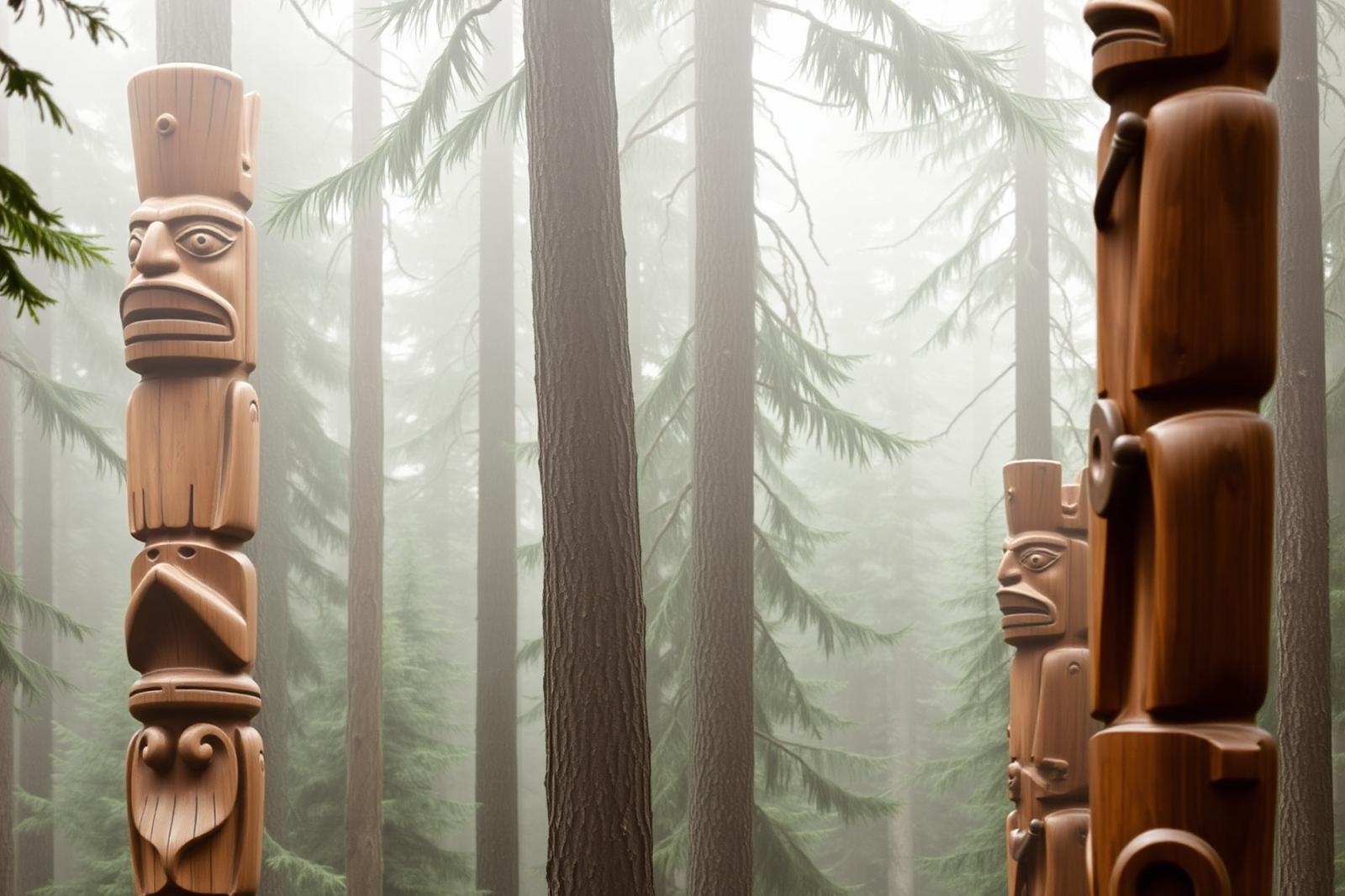 Detail of a carved totem pole in Alaska