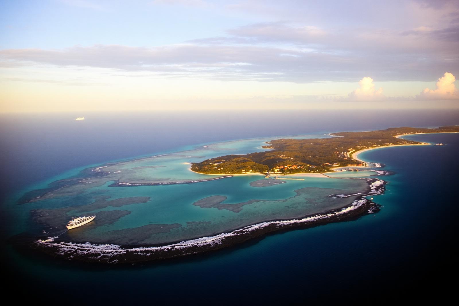 Aerial view of Bermuda's reefs with a distant ship