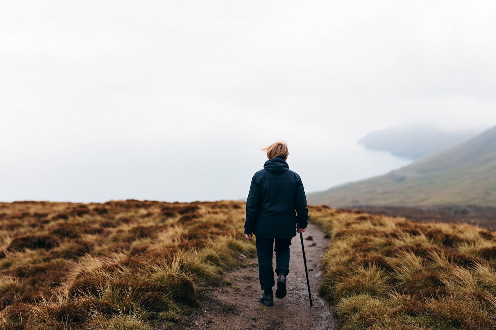 A lone walker on a moorland path on Skye