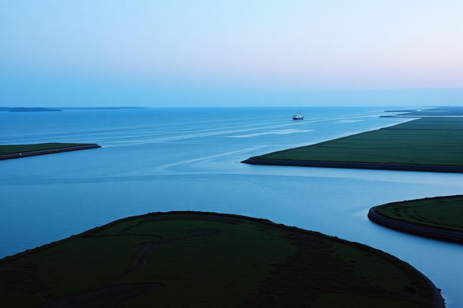 North Sea estuary at dusk with a distant ship