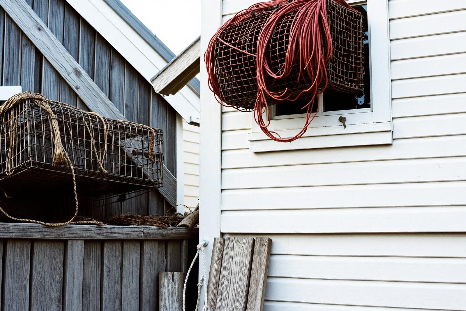 Clapboard fishing shacks and lobster traps in Nova Scotia